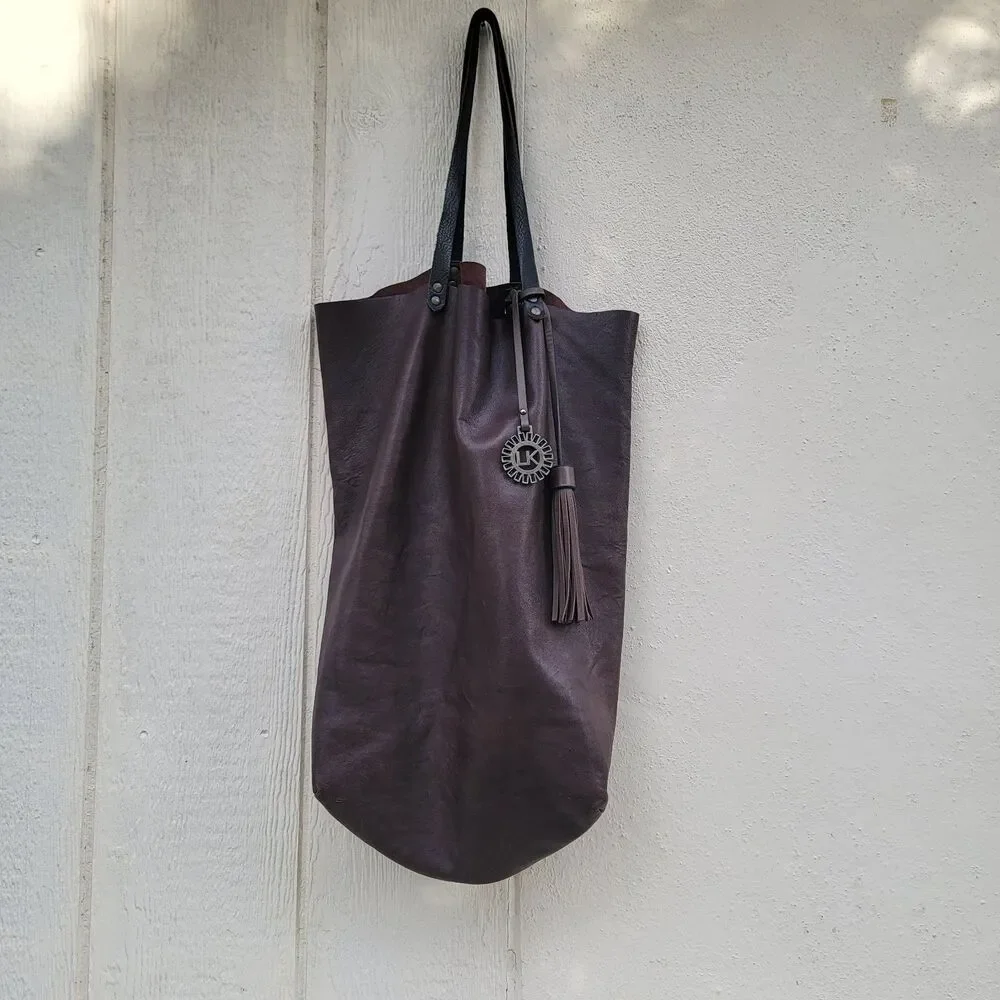 Slouchy faux leather hobo tote bag brown large Boho Tassel Bag Charm